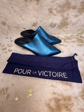 Pour La Victoire Metallic Blue Leather Mule Kitten Heel Shoes Dust Bag Size 7.5